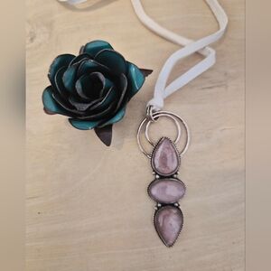 Rose Quartz Triple Pink Teardrop Necklace Sterling Whute Buckskin Leather
